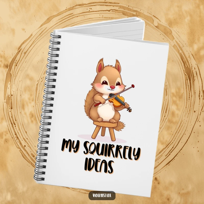 Funny squirrel notebook cover featuring a fluffy rodent playing the violin while balancing on a stool, ideal for note-taking.
