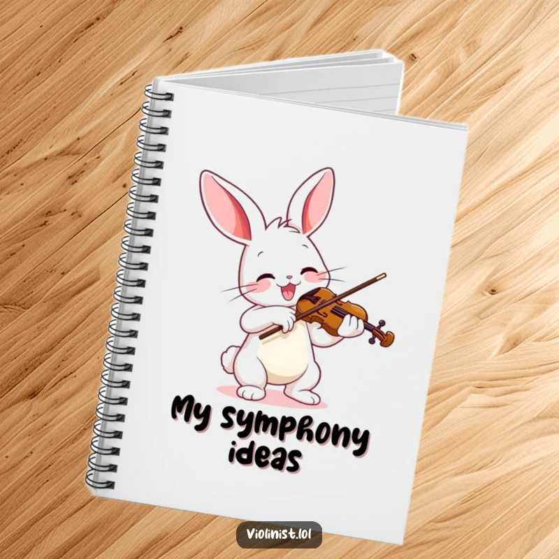 Funny notebook cover with a joyful bunny enthusiastically playing a violin with a vibrant bow, symbolizing musical inspiration.