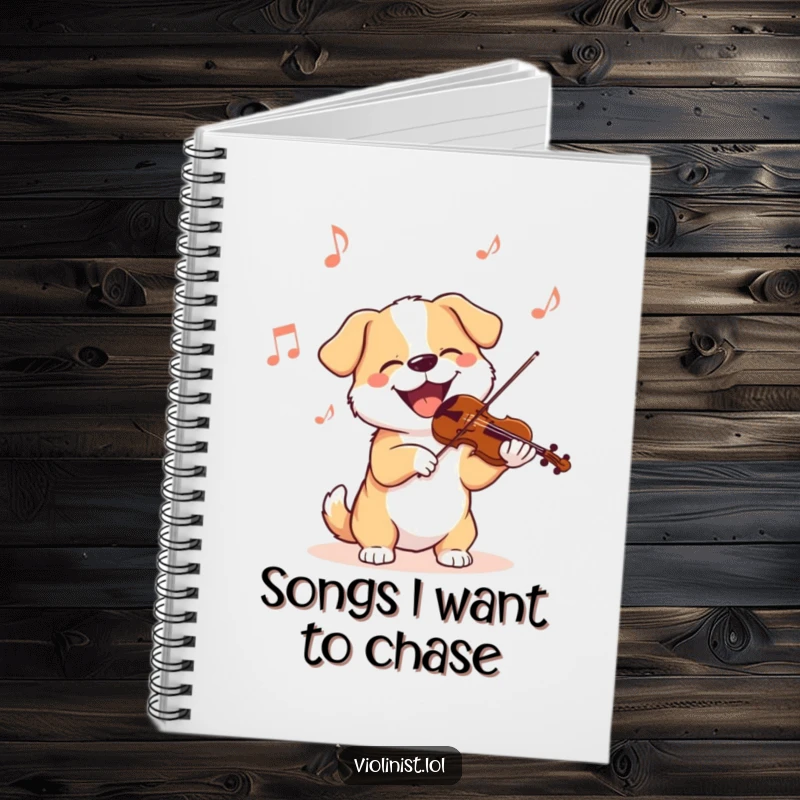 Funny dog notebook with a delighted dog energetically bobbing its head while playing a violin, ideal for notes and doodles.