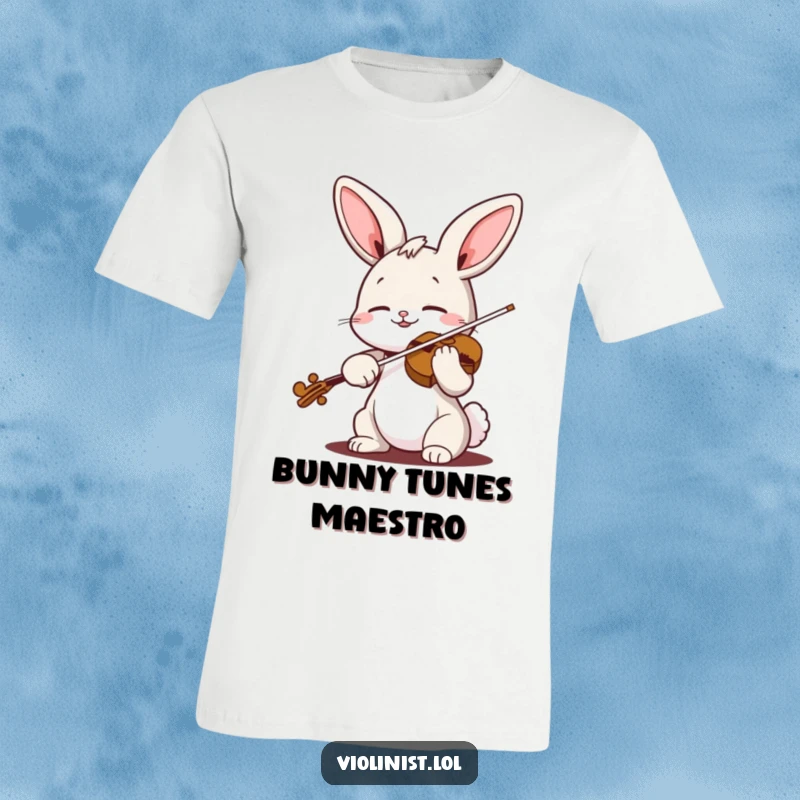 Funny bunny violin t-shirt showcasing a cheerful rabbit playing the violin with eyes closed in blissful musical enjoyment.