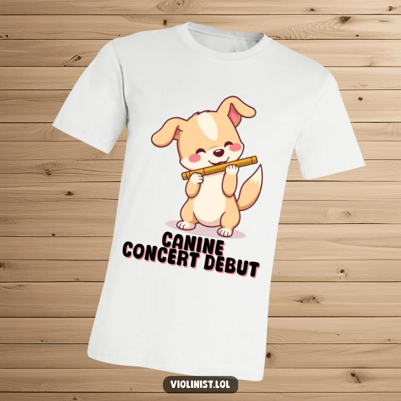Funny dog t-shirt, a happy dog with a wagging tail attempting to play a flute, showcasing musical enthusiasm with a joyful expression.