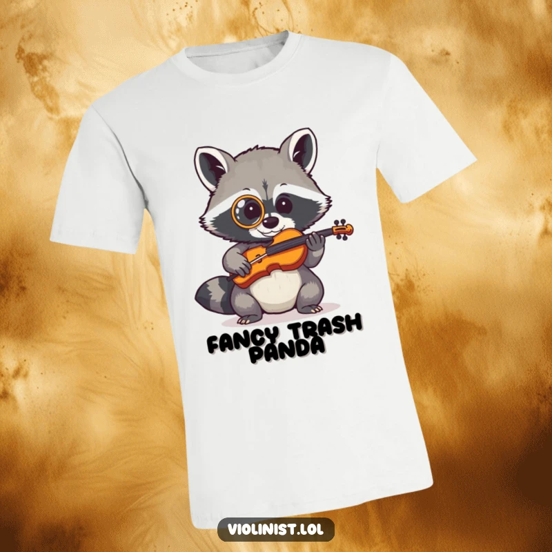 A shy raccoon wearing a monocle attempting to play a tiny fiddle, showcased on a t-shirt.