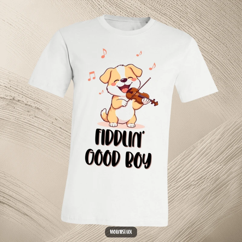 Funny dog t-shirt showcasing a dog joyfully bobbing its head to a lively violin melody, captured in a moment of pure musical bliss.
