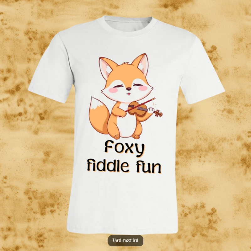 A happy fox with closed eyes passionately playing a miniature violin, showcased on a t-shirt.
