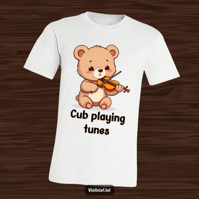 Funny t-shirt of a small bear cub sawing its violin with great enthusiasm and wide, delighted eyes.