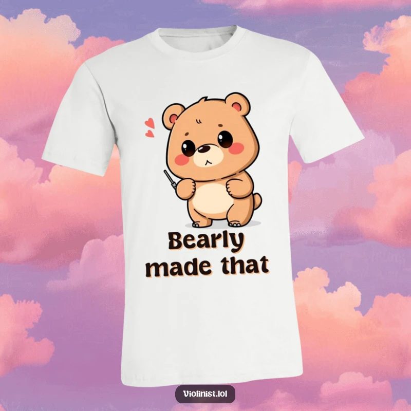 Funny t-shirt with a proud bear showing off a shaky musical note, a humorous depiction of effort and triumph.