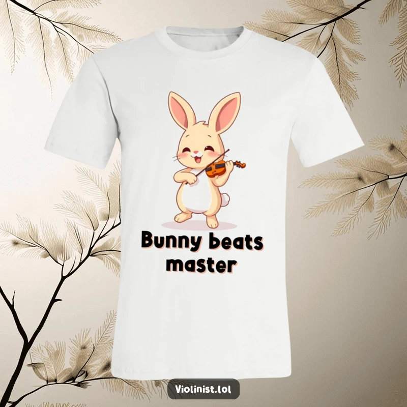 Funny bunny joyfully dancing and playing a small violin with great gusto, printed on a fun t-shirt, funny gift.