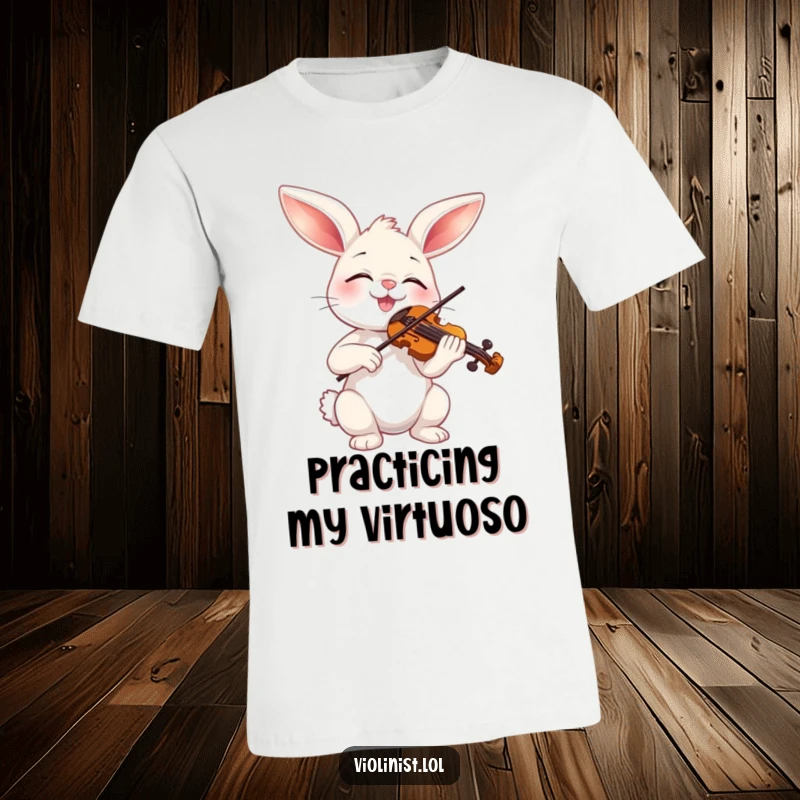 Funny bunny serenading with a miniature violin and closed eyes, showcasing this t-shirt's delightful and humorous design.
