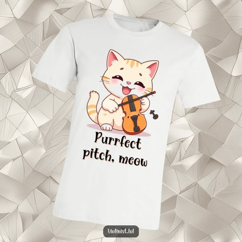Funny cat t-shirt featuring a cheerful feline bowing a miniature violin with a big, infectious smile, ready for a concert.