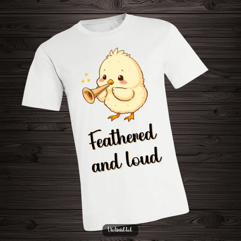 Funny t-shirt graphic of a fluffy chick playing a tiny trumpet with enthusiasm and charm.