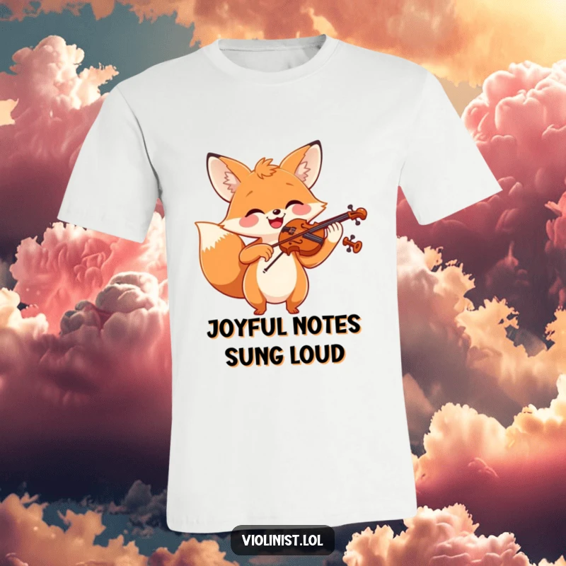 Funny enthusiastic fox playing violin with a big smile, ideal for a humorous t-shirt.