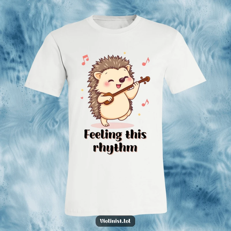 Funny hedgehog t-shirt depicting a happy hedgehog tapping its foot to a lively violin tune, celebrating music and joy.