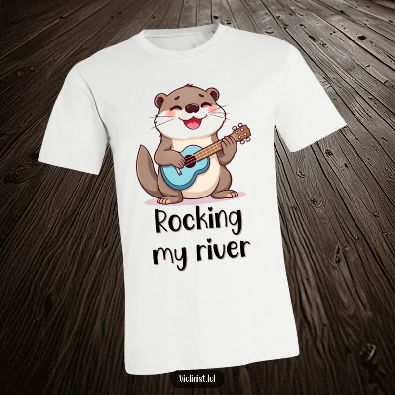 Funny otter energetically playing the ukulele with a happy face, featured on this vibrant t-shirt.