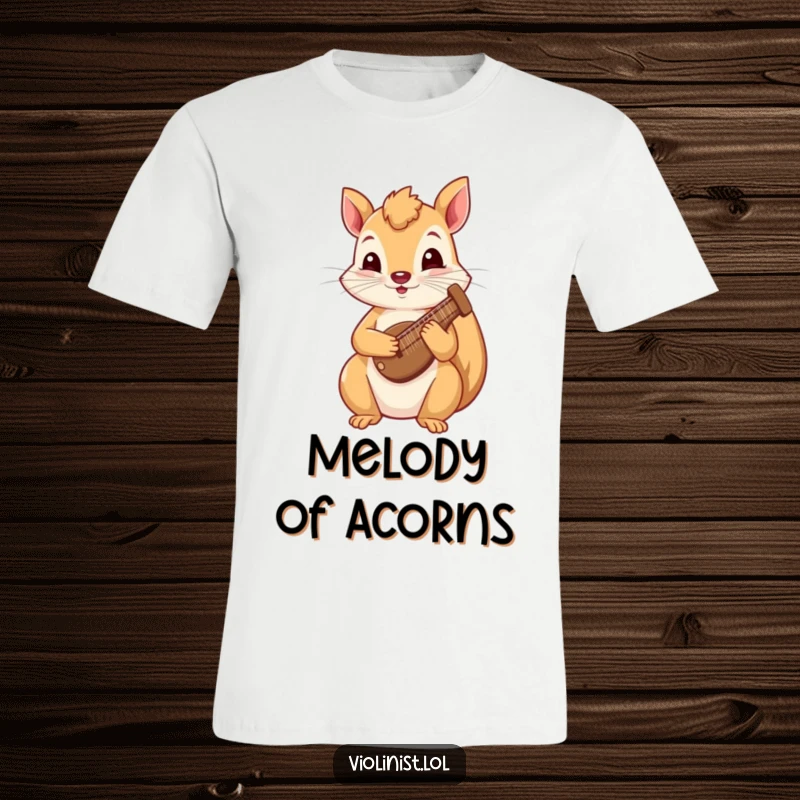 Funny squirrel t-shirt depicting a curious squirrel playing a tiny harp, celebrating music with endearing humor.