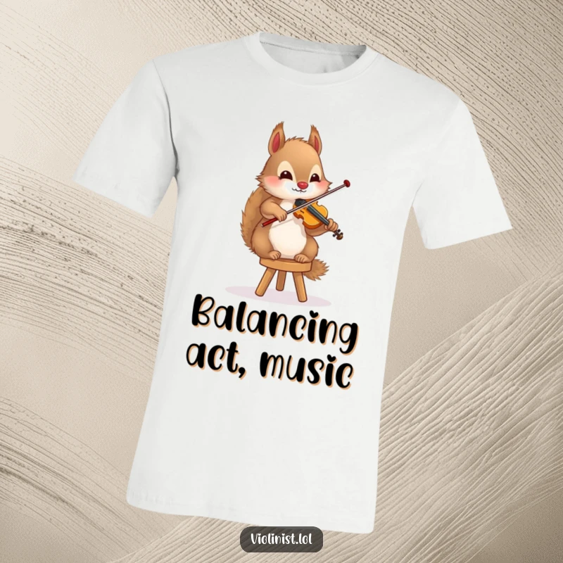 Funny squirrel t-shirt featuring a fluffy rodent playing the violin while skillfully balancing on a small stool, showcasing talent.