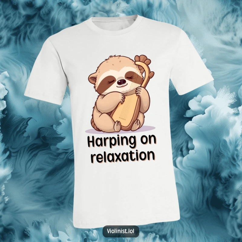Funny sloth t-shirt, a sleepy sloth gently plucking a harp with one claw, exuding tranquility and musical talent.