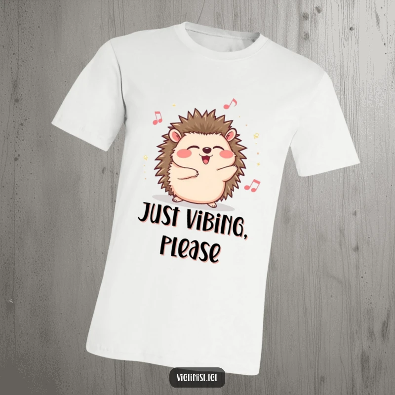 Funny hedgehog t-shirt, eyes shut, giggling and swaying to music, a depiction of carefree joy and musical ecstasy.