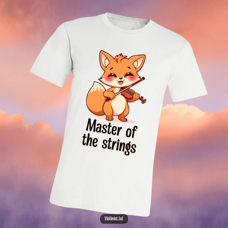 Funny t-shirt showcasing a cheerful fox with a beaming smile, passionately playing the violin with flair and musical energy.