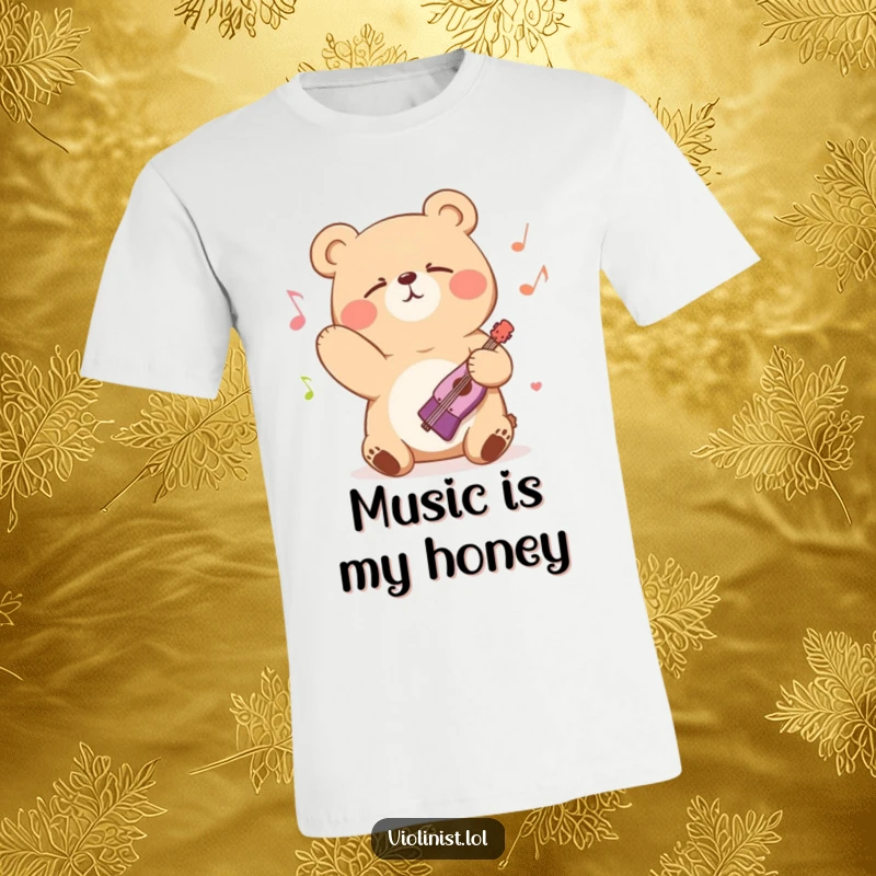 Funny bear bowing with eyes closed in pure musical bliss, printed on a soft t-shirt, ideal for funny gifts.