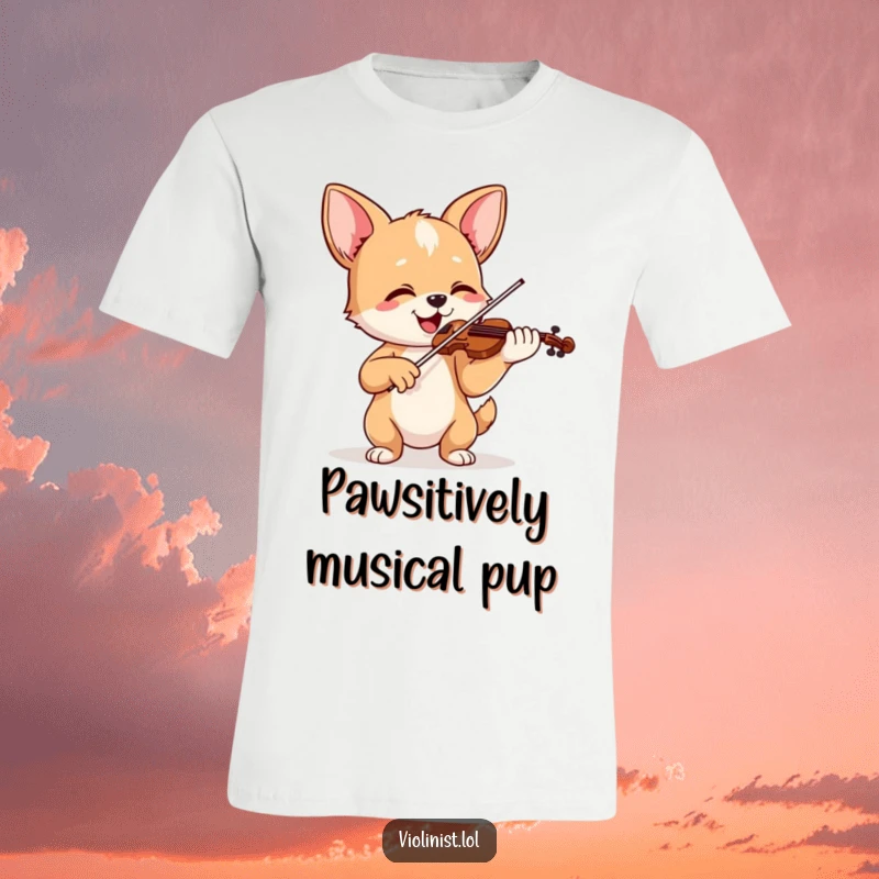 Funny t-shirt of a happy dog playing violin with passion and perked ears, embodying pure musical delight.