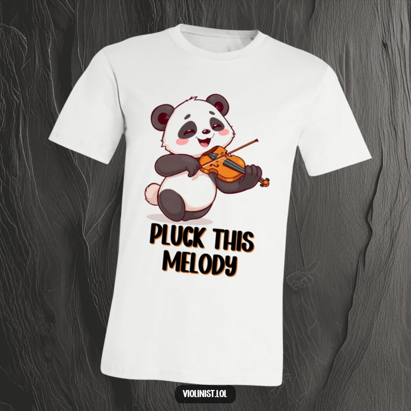 Funny t-shirt of a giggling panda enthusiastically playing the violin with dramatic flair, ideal for a humorous and musical gift.