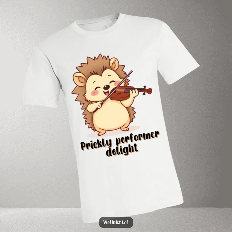 Funny t-shirt of a jolly hedgehog playing violin with rhythmic motion, spreading cheerful music.