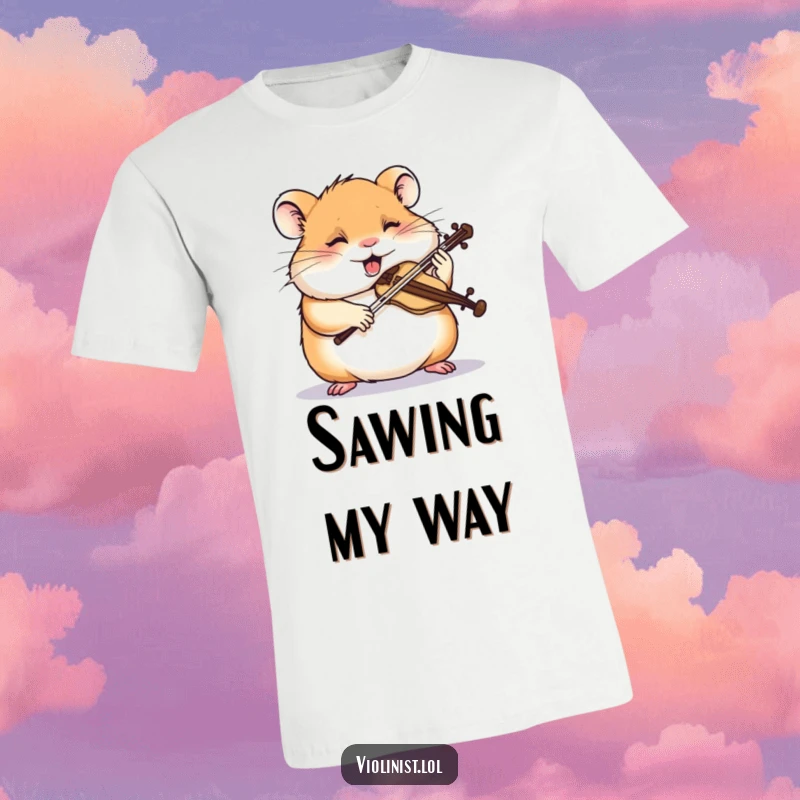Funny hamster t-shirt depicting a giggling hamster intensely sawing a miniature violin with extreme focus, a humorous musical moment.