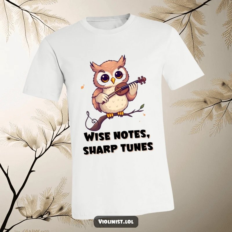 Funny t-shirt depicting a curious owl playing a violin while perched on a musical note, conveying wisdom and musical talent humorously.