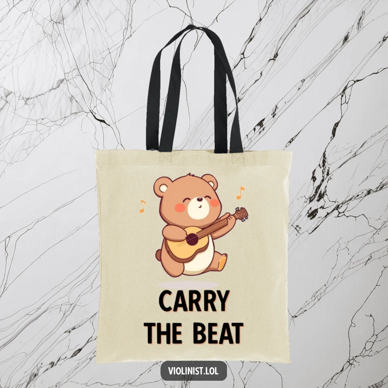 Funny energetic bear tote bag, playfully bouncing while performing a joyful tune, ideal for carrying essentials with musical flair.