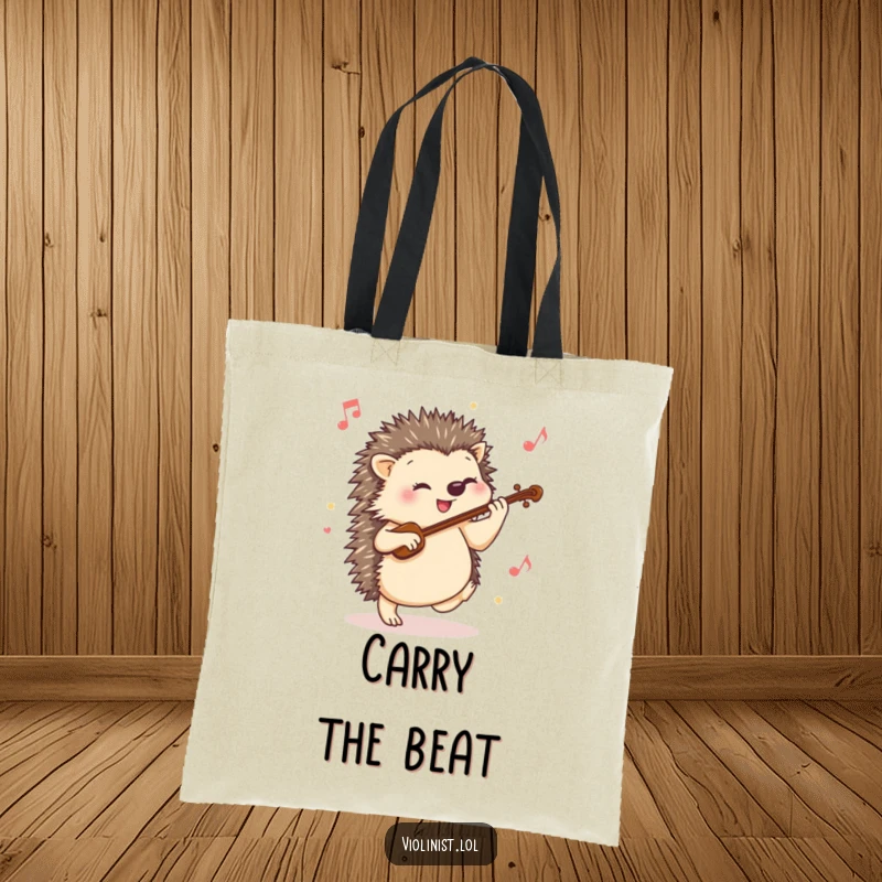 Funny hedgehog tote bag depicting a happy hedgehog tapping its foot to a lively violin tune, ideal for carrying items with musical flair.
