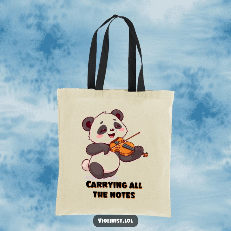 Funny tote bag featuring a giggling panda joyfully playing the violin with theatrical flair, a cute and humorous gift.