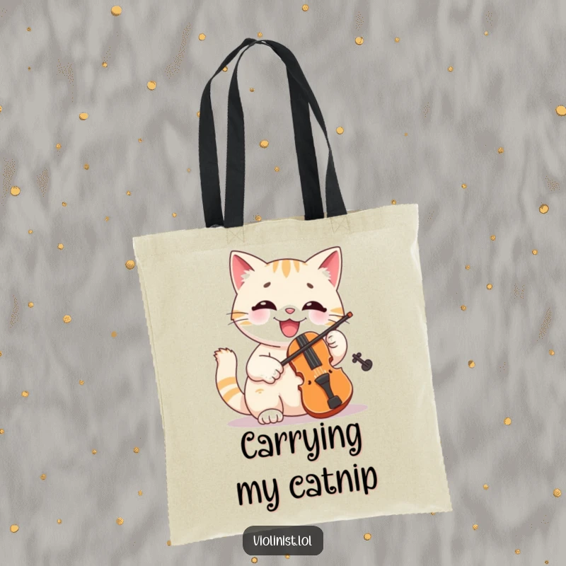 Funny cat tote bag depicting a smiling feline enthusiastically playing a miniature violin, a musical and stylish accessory.