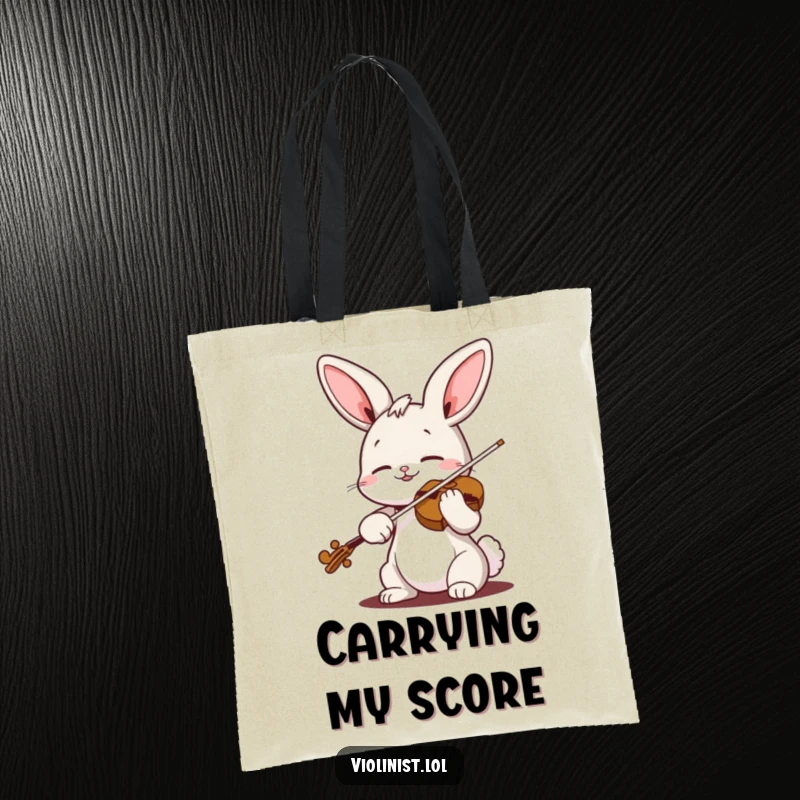Funny bunny violin tote bag with a cheerful rabbit playing the violin blissfully, perfect for carrying musical notes and essentials.