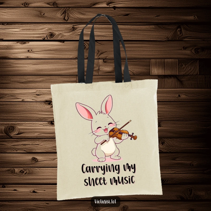 Funny tote bag with a joyful bunny enthusiastically playing a violin with a vibrant bow, symbolizing portable music.