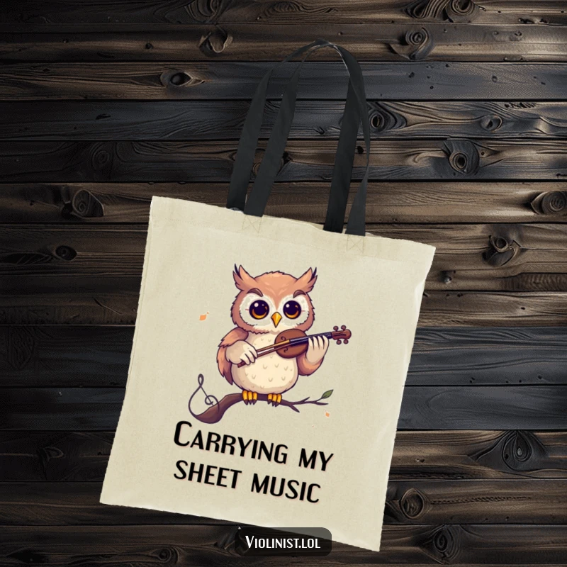 Funny tote bag featuring a curious owl playing a violin on a musical note, ideal for carrying essentials with a dose of intellectual humor.