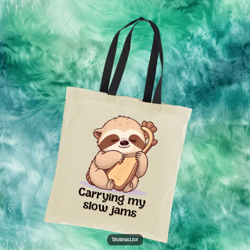 Funny sloth tote bag, a sleepy sloth gently plucking a harp with one claw, a symbol of peaceful productivity.