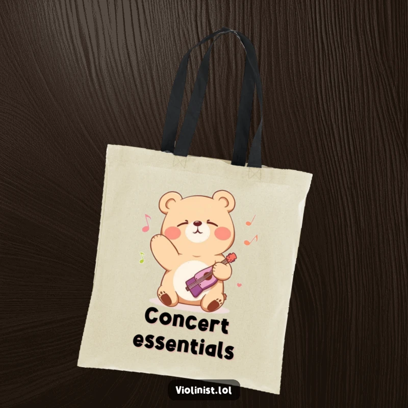 Funny bear bowing in musical bliss on a durable tote bag, great funny gift for music lovers.