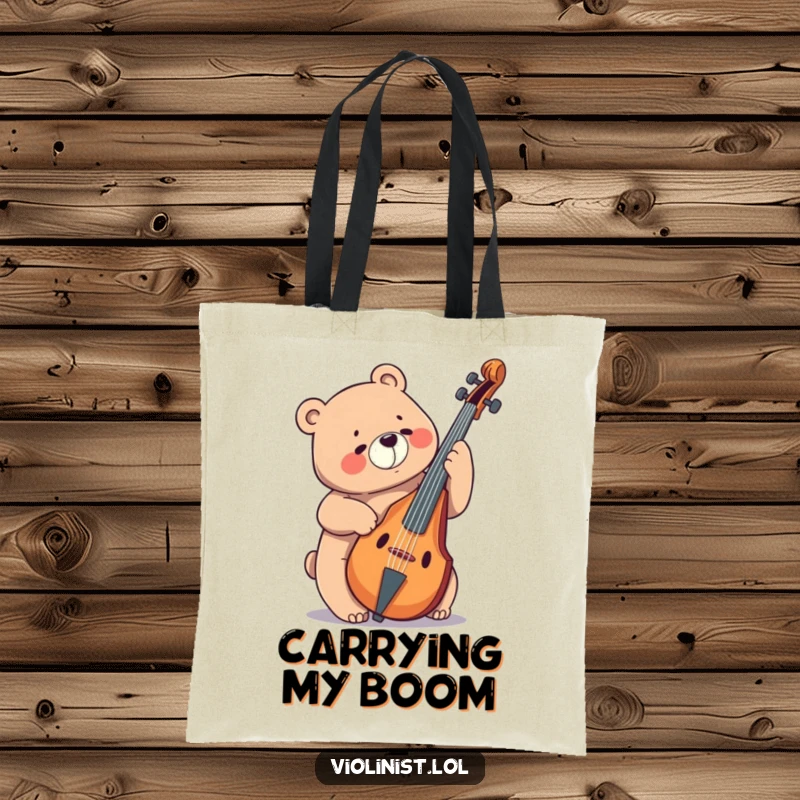 Funny bear giggling while playing a massive cello, printed on a spacious and humorous tote bag.