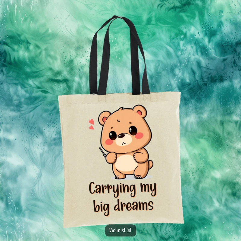 Funny tote bag featuring a proud bear near a shaky musical note, a humorous accessory for music lovers and optimists.