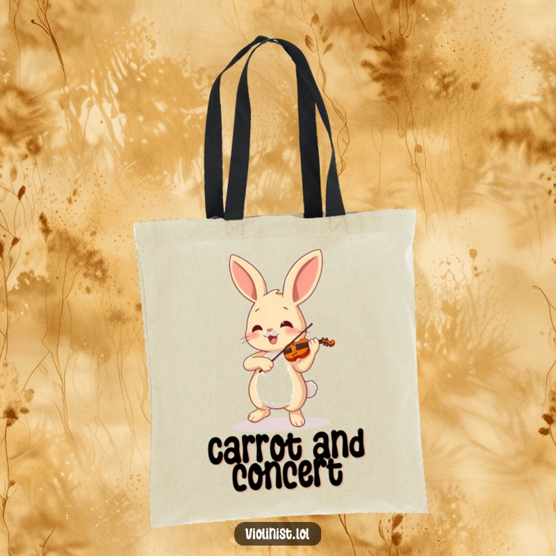 Funny bunny dancing energetically while playing a tiny violin, on a fashionable tote bag, great funny gift.