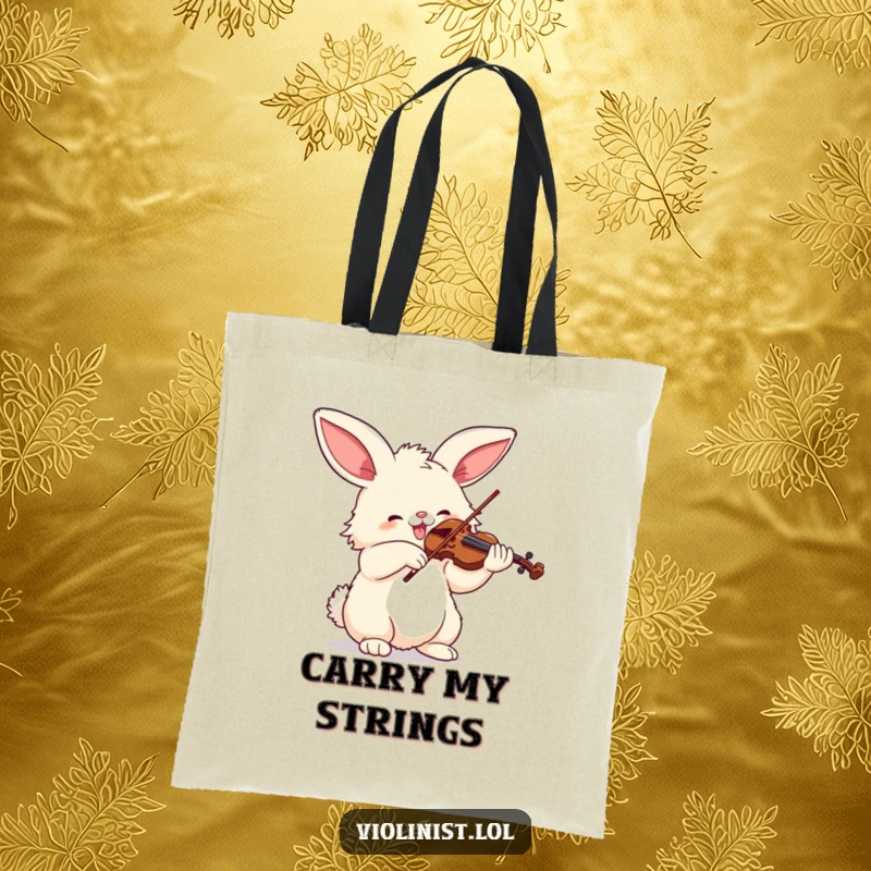 Funny tote bag with a fluffy bunny character joyfully playing the violin with enthusiasm, ideal for everyday use.