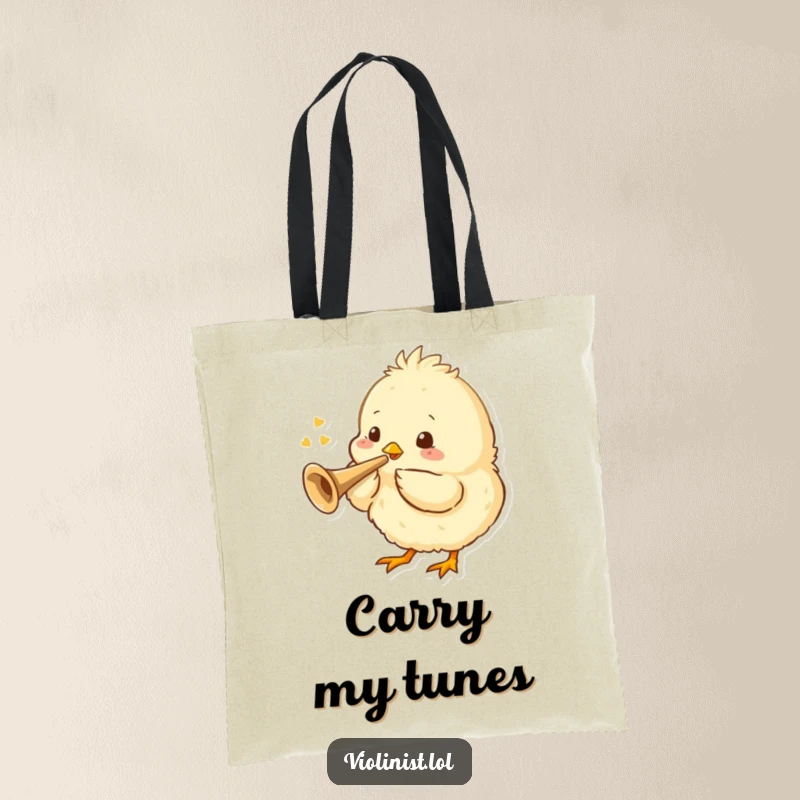 Funny tote bag featuring a fluffy chick playing a miniature trumpet, perfect for carrying music and smiles.
