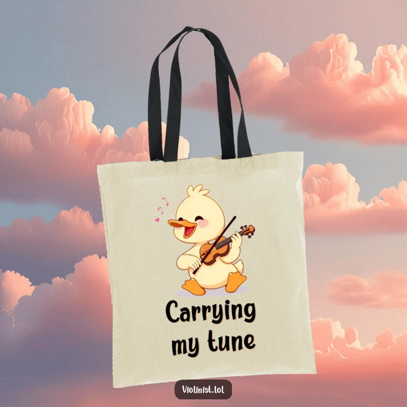 Funny duck playing the violin with virtuosic flair, printed on a durable tote bag.