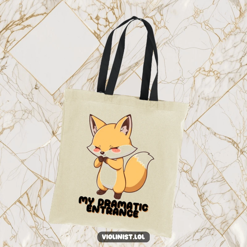 Funny fox bow tote bag with a determined fox performing a dramatic bow, perfect for carrying theatre essentials with flair.