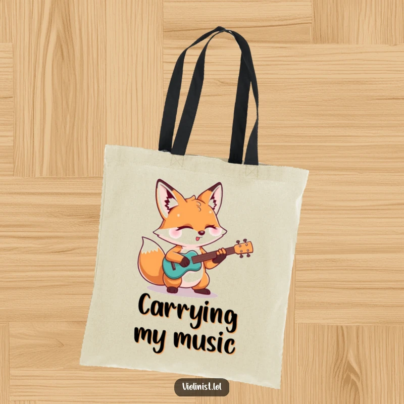 Funny tote bag: A determined fox plays an intense guitar solo with eyes shut, perfect for carrying music gear or groceries with humor.