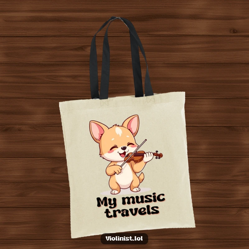 Funny tote bag showing a happy dog playing violin with perked ears, a vibrant and cheerful musical companion.