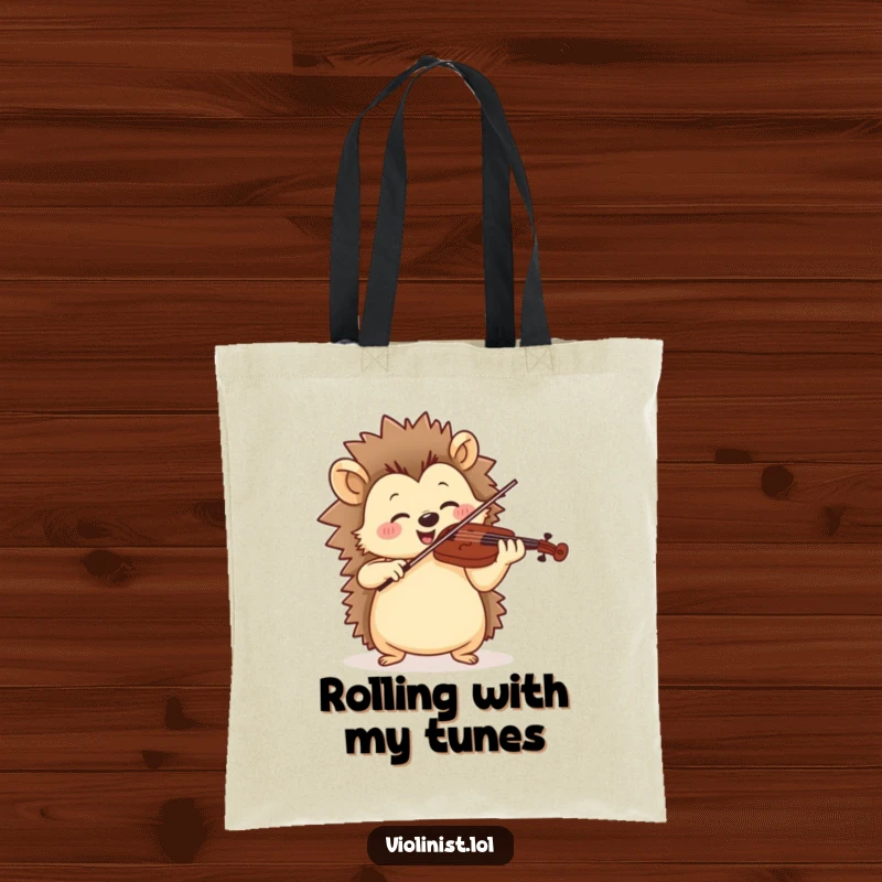 Funny tote bag showing a jolly hedgehog playing violin with rhythmic motion, a stylish musical accessory.