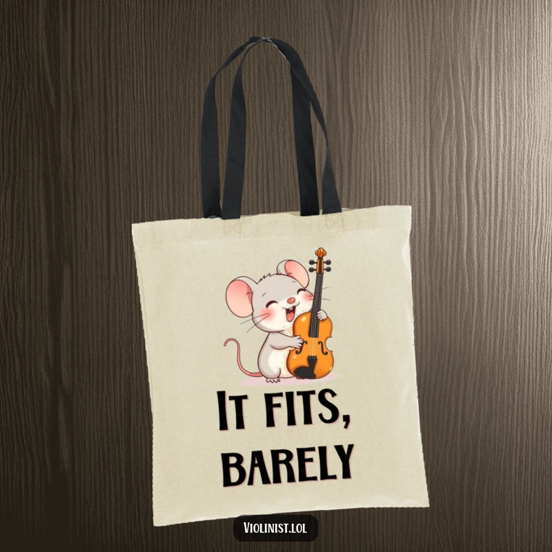 Funny tote bag showing a tiny mouse giggling joyfully, with an oversized violin leaning against its shoulder.
