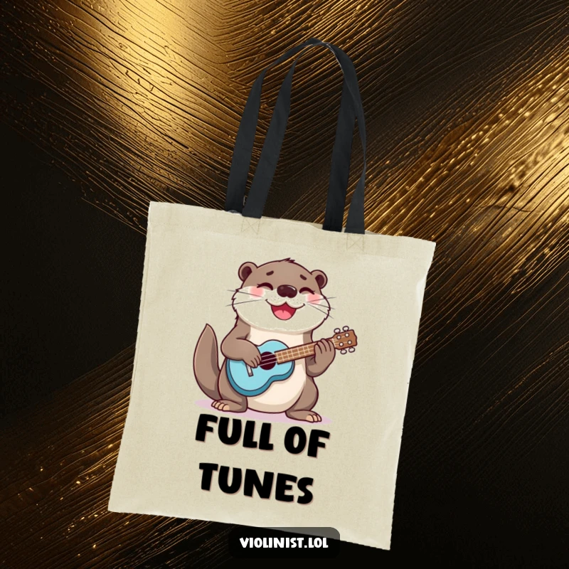 Funny otter strumming a ukulele with a joyful expression, printed on a spacious and humorous tote bag.