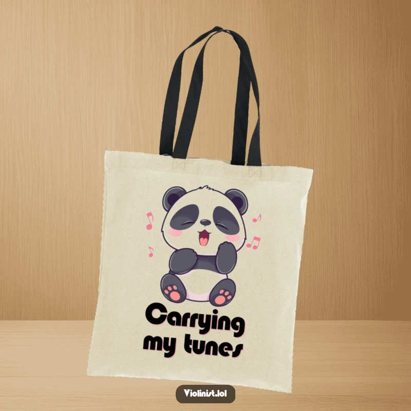 Funny panda with eyes shut tight in melodic bliss on a durable tote bag, great funny gift.